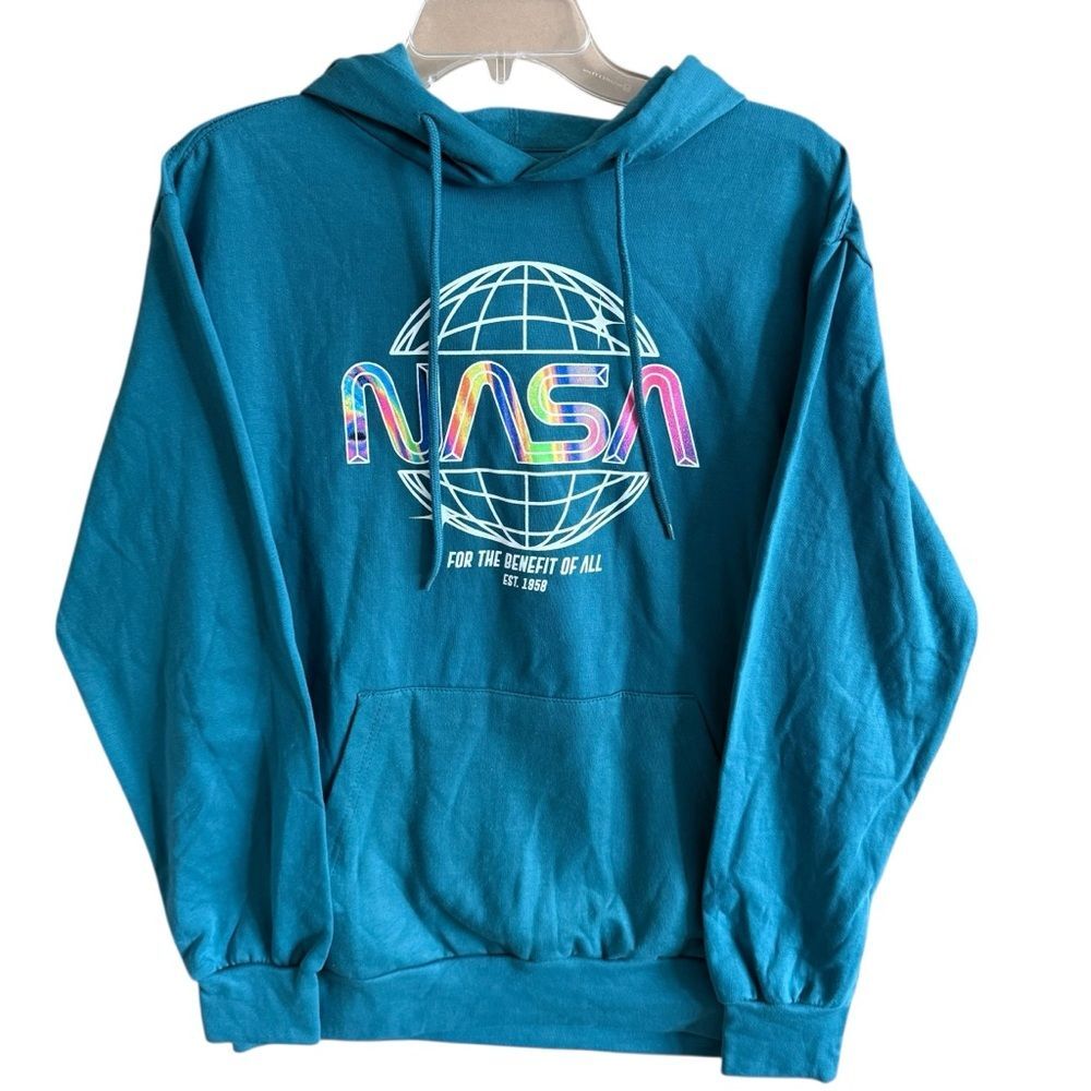 New NASA Men's Retro Design Vibrant Teal Graphic Hoodie Holographic Size Medium